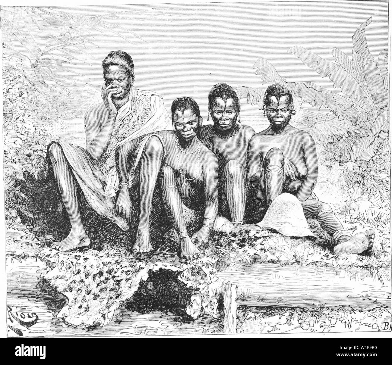 Engraved drawing of the polygamist Djoumba and his wives, from the book 'Ridpath's Universal history' by John Clark Ridpath, 1897. Courtesy Internet Archive. () Stock Photo