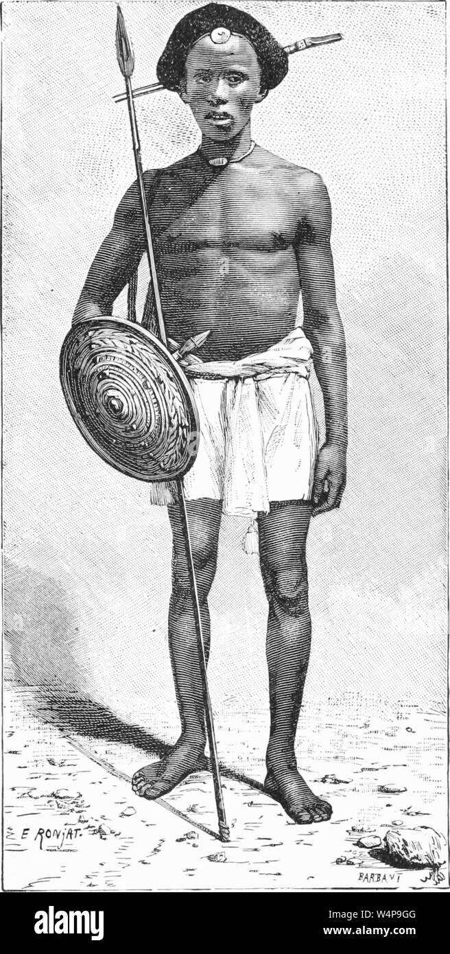 Engraved drawing of the Sudanese warrior, from the book 'Ridpath's Universal history' by John Clark Ridpath, 1897. Courtesy Internet Archive. () Stock Photo