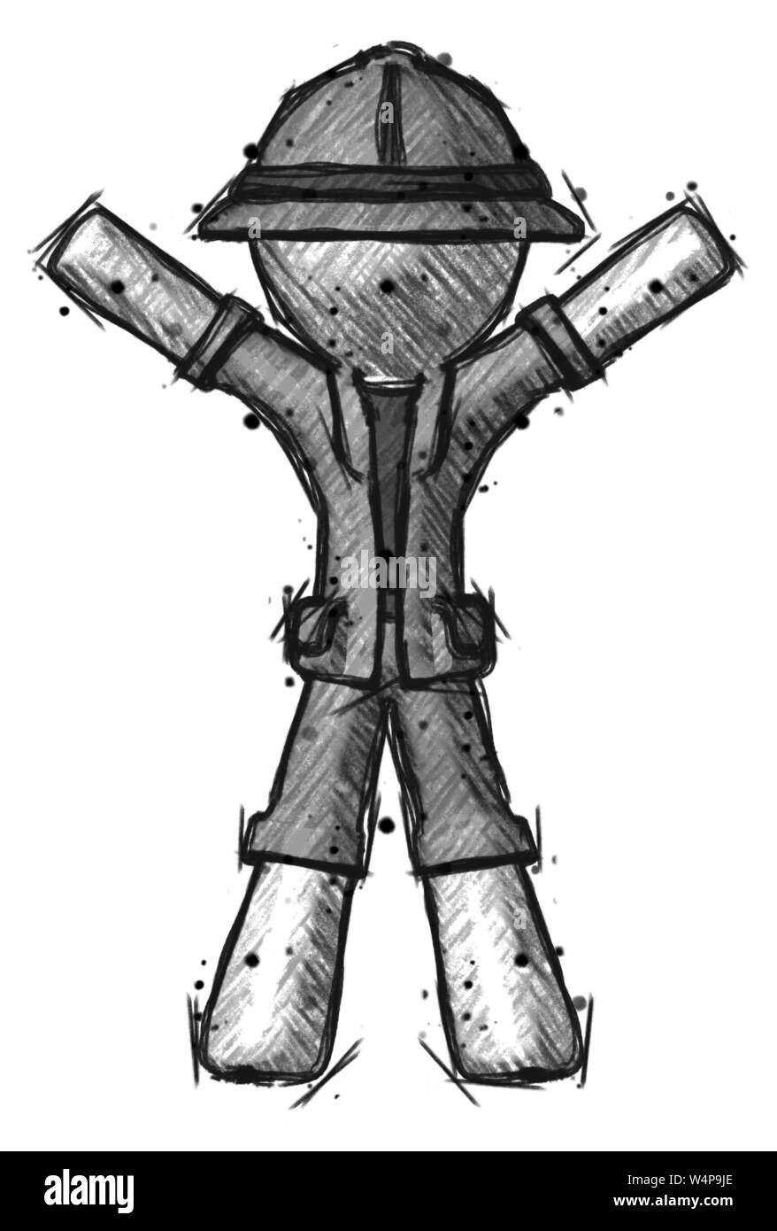 Sketch explorer ranger man surprise pose, arms and legs out Stock Photo