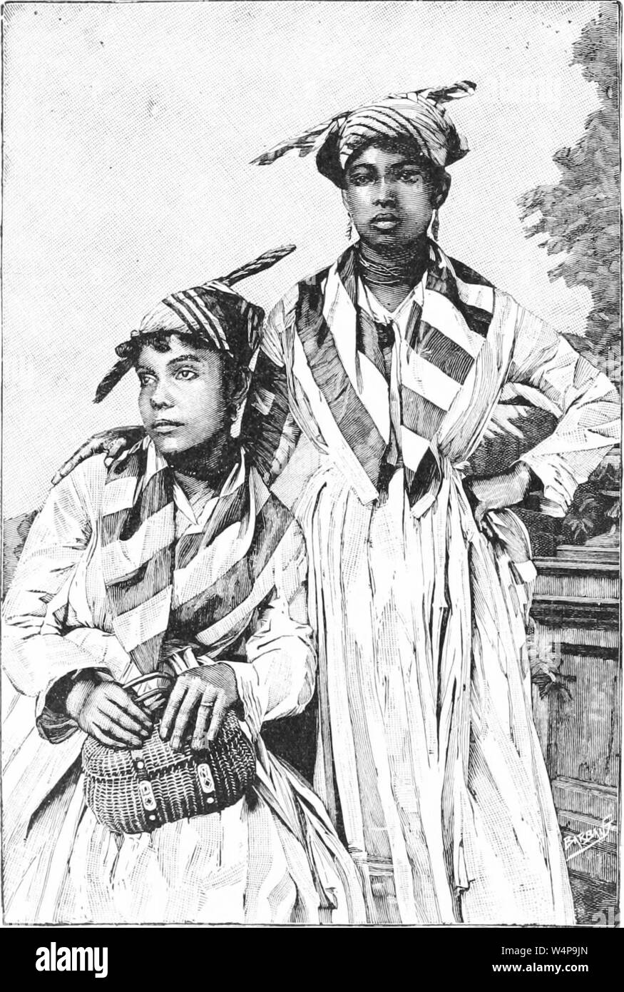 Engraved drawing of two young women of Guiana, from the book 'Ridpath's Universal history' by John Clark Ridpath, 1897. Courtesy Internet Archive. () Stock Photo