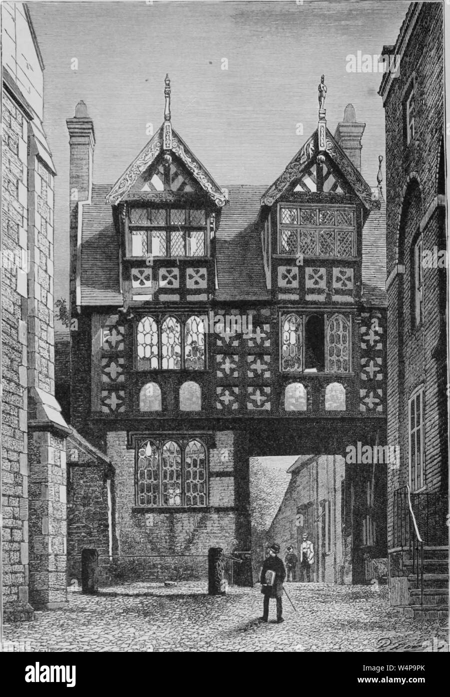 Engraving of the sixteen-century house in Shrewsbury, England, from the book 'The earth and its inhabitants' by Elisee Reclus, 1881. Courtesy Internet Archive. () Stock Photo