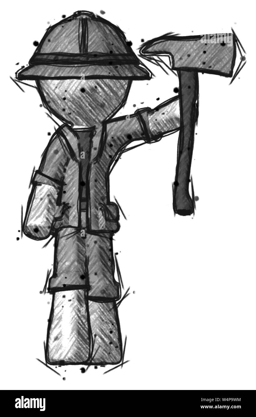 Sketch explorer ranger man holding up firefighter's ax Stock Photo - Alamy