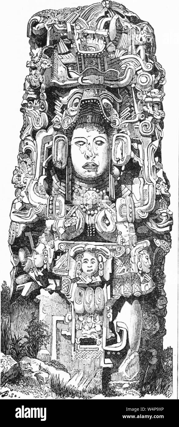 Engraved drawing of the totem of Copan Toltec idols, from the book 'Ridpath's Universal history' by John Clark Ridpath, 1897. Courtesy Internet Archive. () Stock Photo