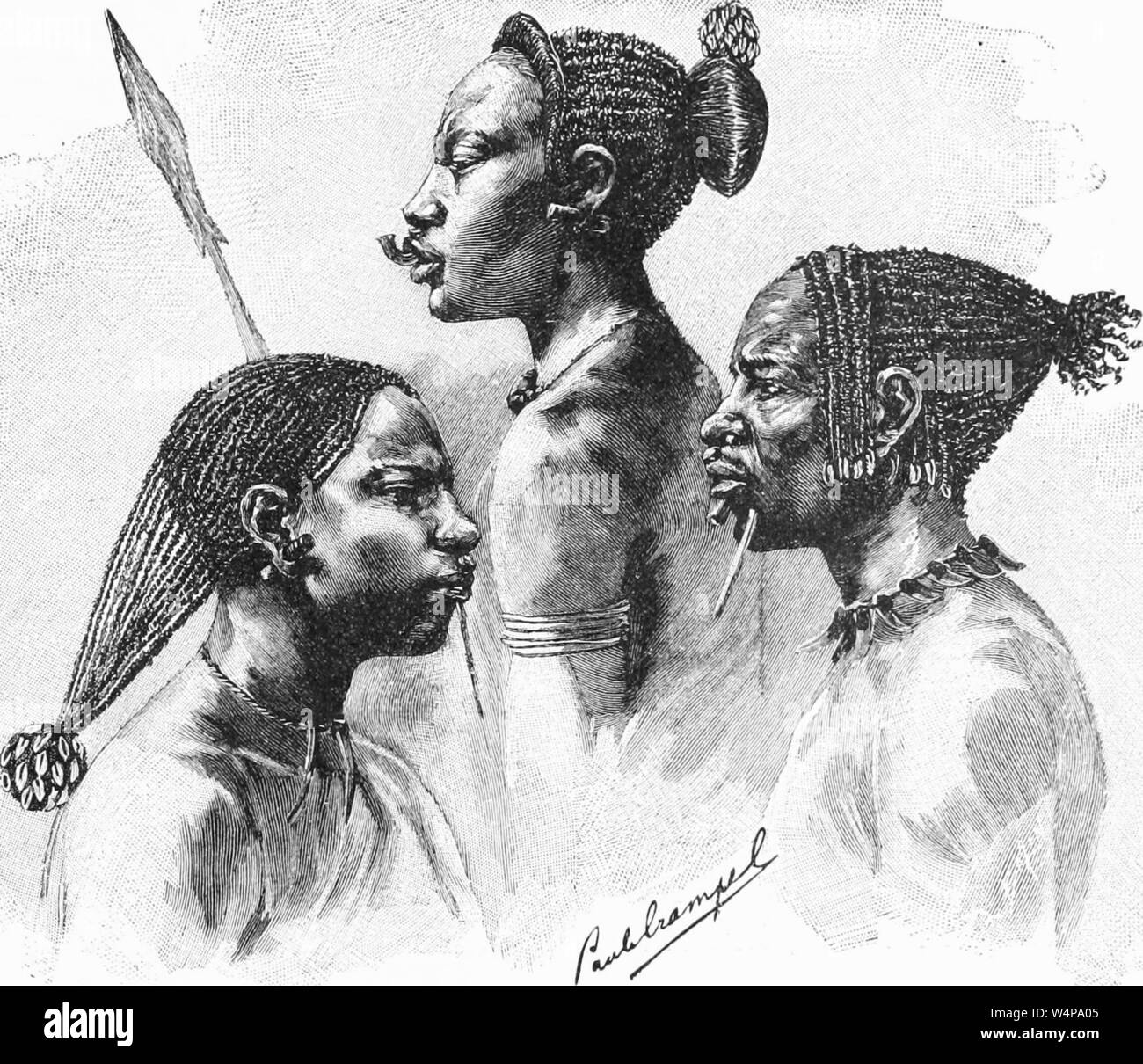 Engraved drawing of the Langonassi Sudanese tribe people, from the book 'Ridpath's Universal history' by John Clark Ridpath, 1897. Courtesy Internet Archive. () Stock Photo