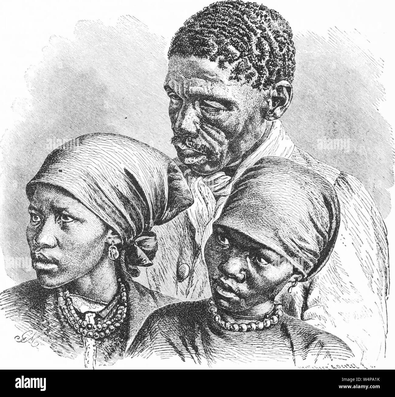 Engraved drawing of the Namaqua tribe family, from the book 'Ridpath's Universal history' by John Clark Ridpath, 1897. Courtesy Internet Archive. () Stock Photo