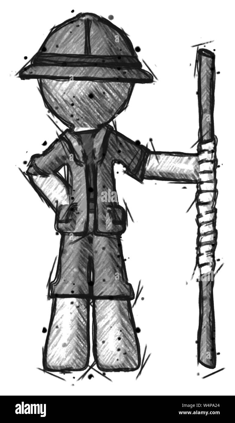 Sketch explorer ranger man holding staff or bo staff Stock Photo - Alamy