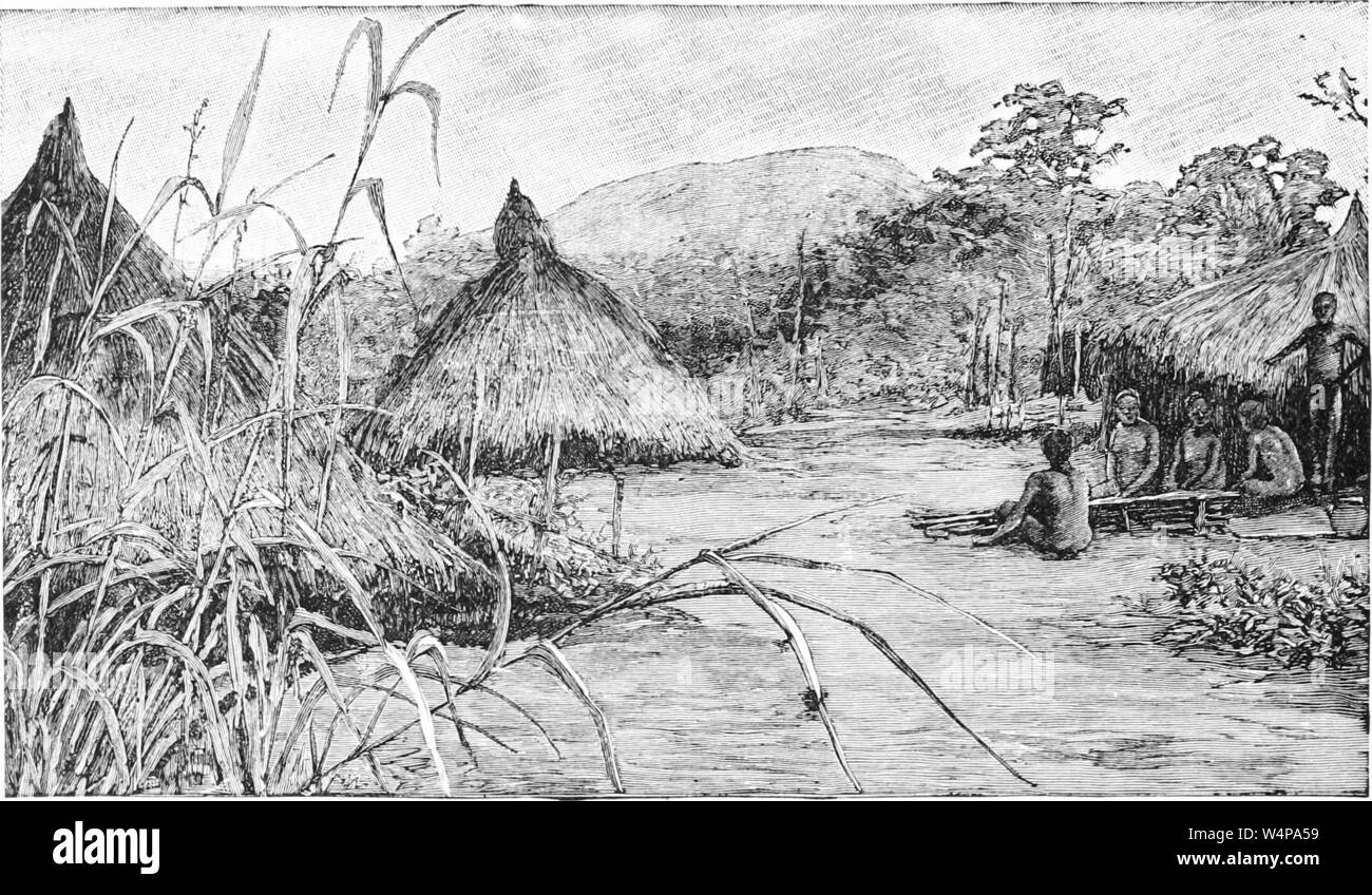 Engraved drawing of the Congo village of Makob, from the book 'Ridpath's Universal history' by John Clark Ridpath, 1897. Courtesy Internet Archive. () Stock Photo
