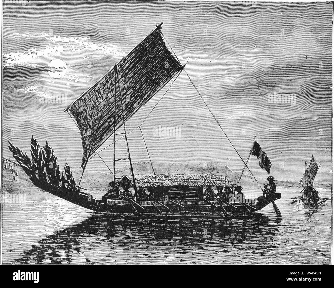 Engraved drawing of the Papuan boat, from the book 'Ridpath's Universal history' by John Clark Ridpath, 1897. Courtesy Internet Archive. () Stock Photo