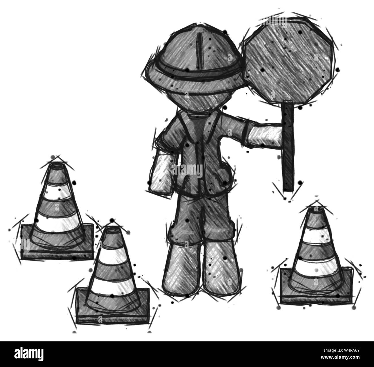 Sketch explorer ranger man holding stop sign by traffic cones under