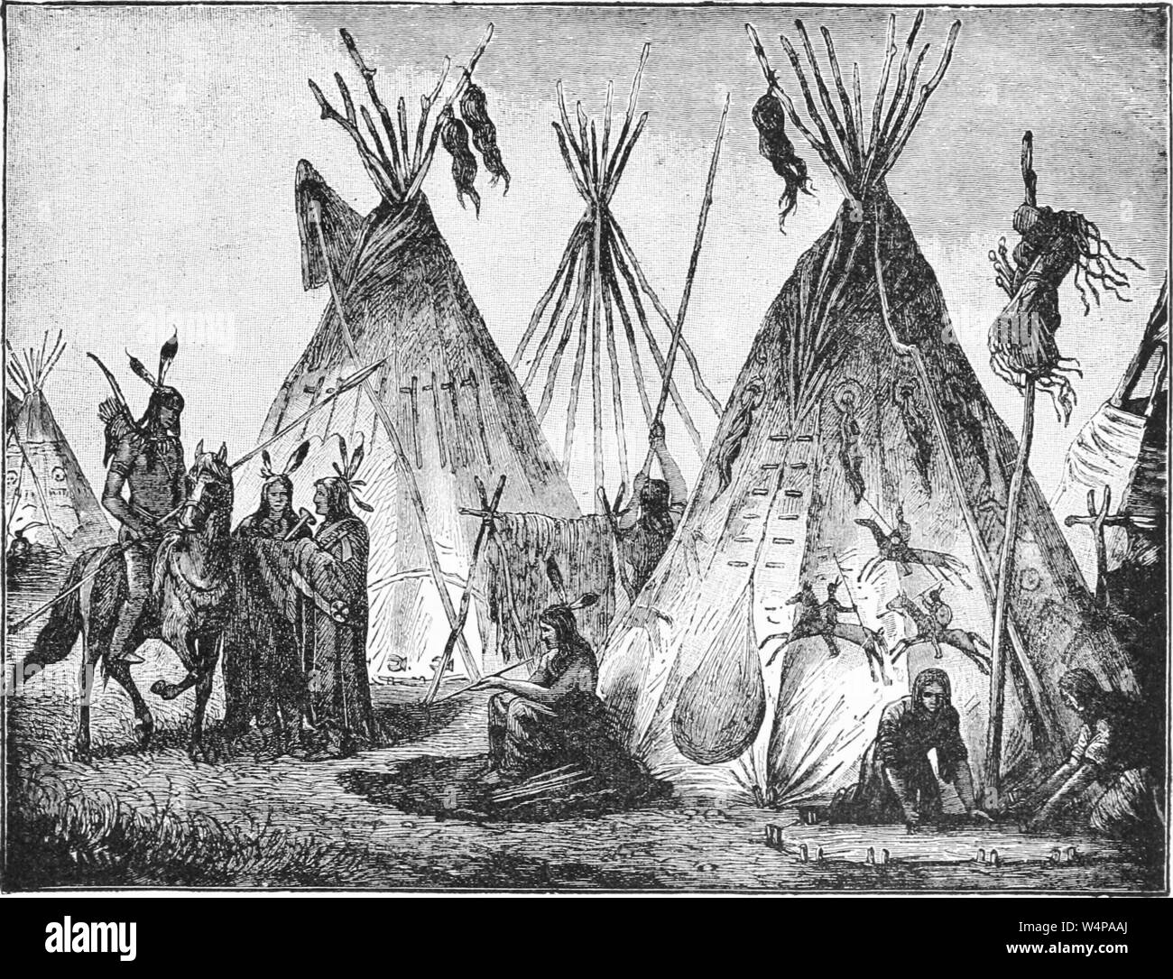 Engraved drawing of the Indians in front of their wigwams, from the book 'Ridpath's Universal history' by John Clark Ridpath, 1897. Courtesy Internet Archive. () Stock Photo