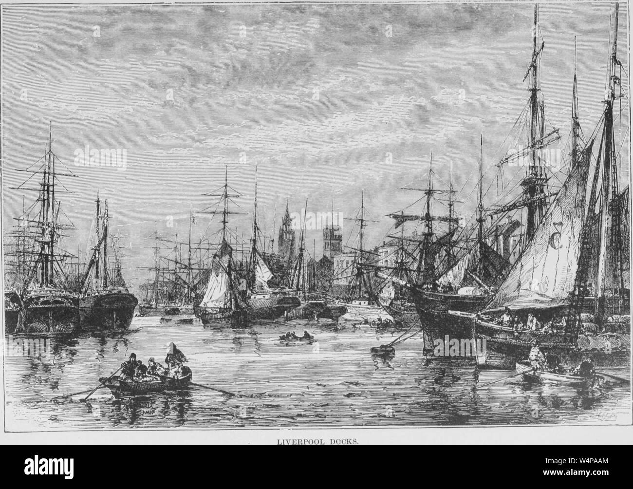 Engraving of the sailboats at the Liverpool docks, England, from the book 'The earth and its inhabitants' by Elisee Reclus, 1881. Courtesy Internet Archive. () Stock Photo