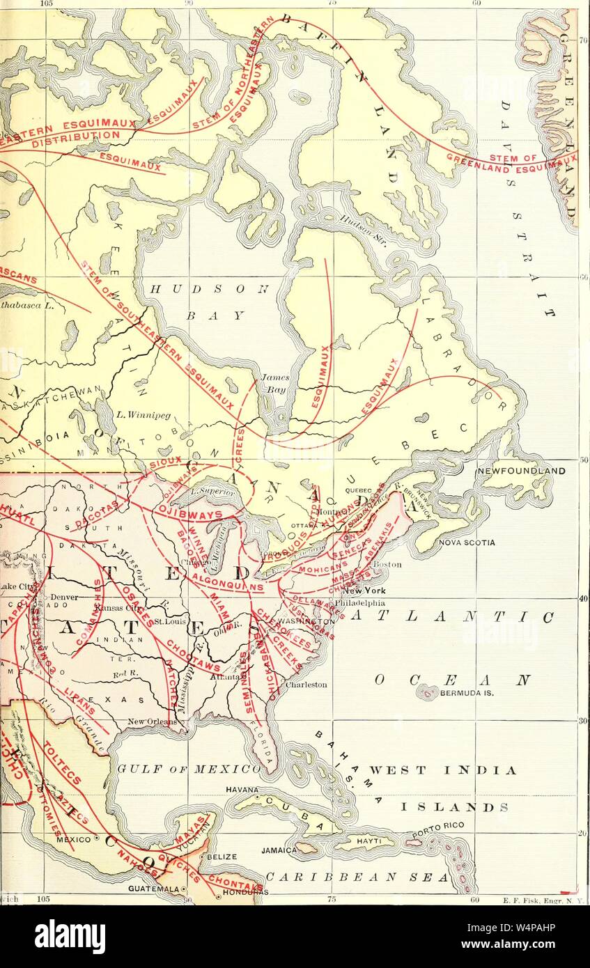 Engraved map of the geographical distribution of the North American Mongoloids, from the book 'Ridpath's Universal history' by John Clark Ridpath, 1897. Courtesy Internet Archive. () Stock Photo