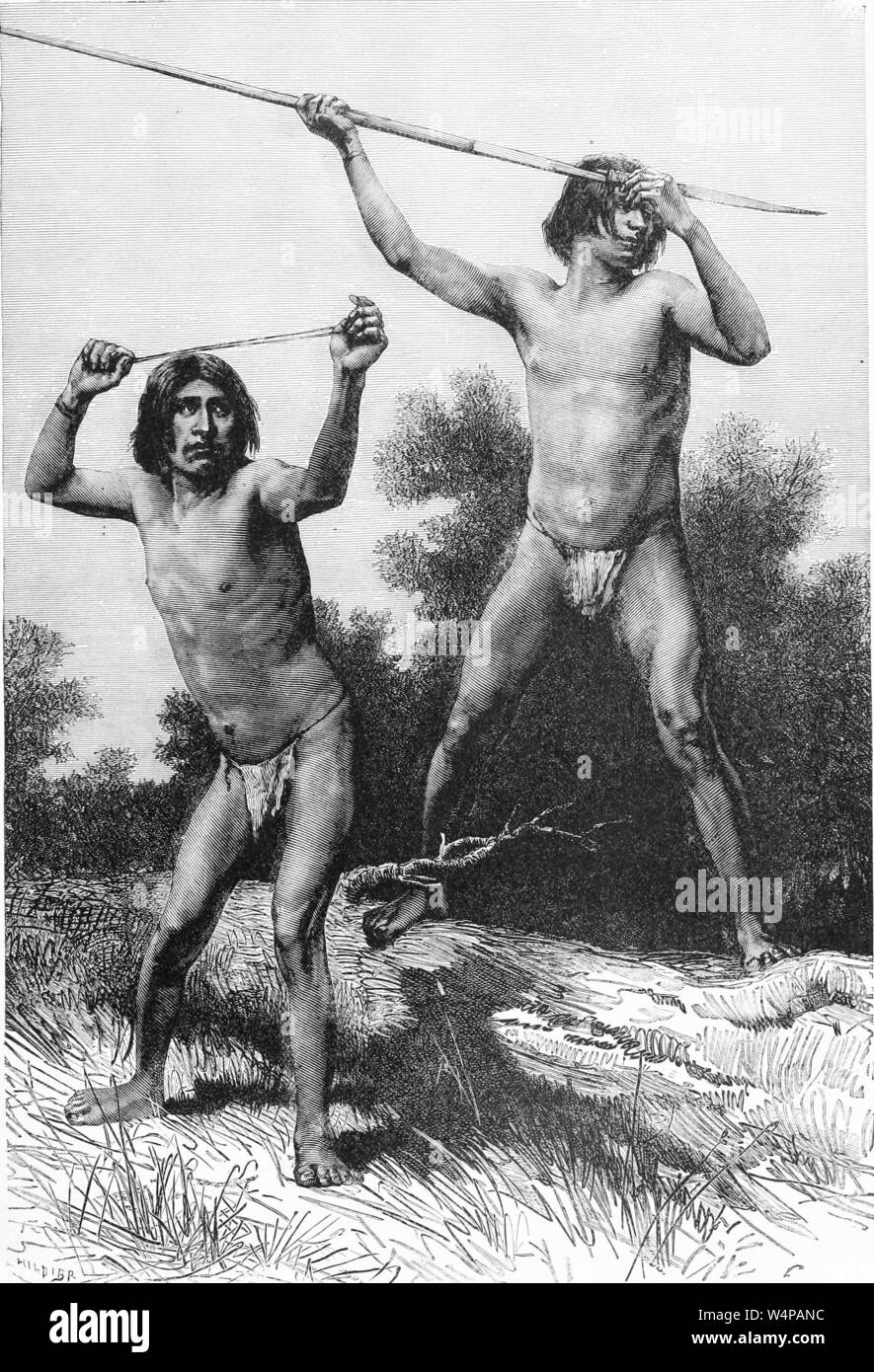 Engraved drawing of the native hunters of Tierra Del Fuego with spear and sling, from the book 'Ridpath's Universal history' by John Clark Ridpath, 1897. Courtesy Internet Archive. () Stock Photo