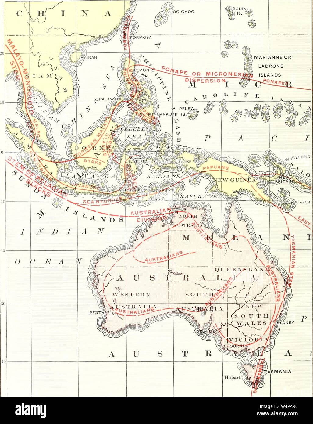 Engraved map of the geographical distribution of Brown Polynesians and Pelagian Blacks, from the book 'Ridpath's Universal history' by John Clark Ridpath, 1897. Courtesy Internet Archive. () Stock Photo