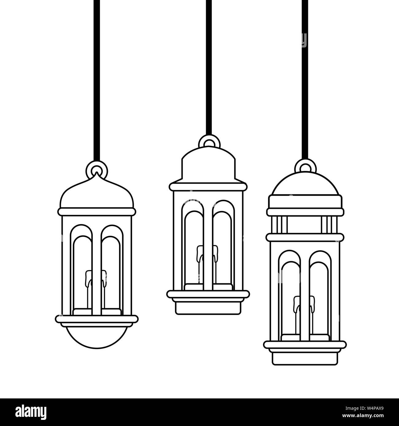 Lanterns With Candles Hanging Cartoon In Black And White Stock