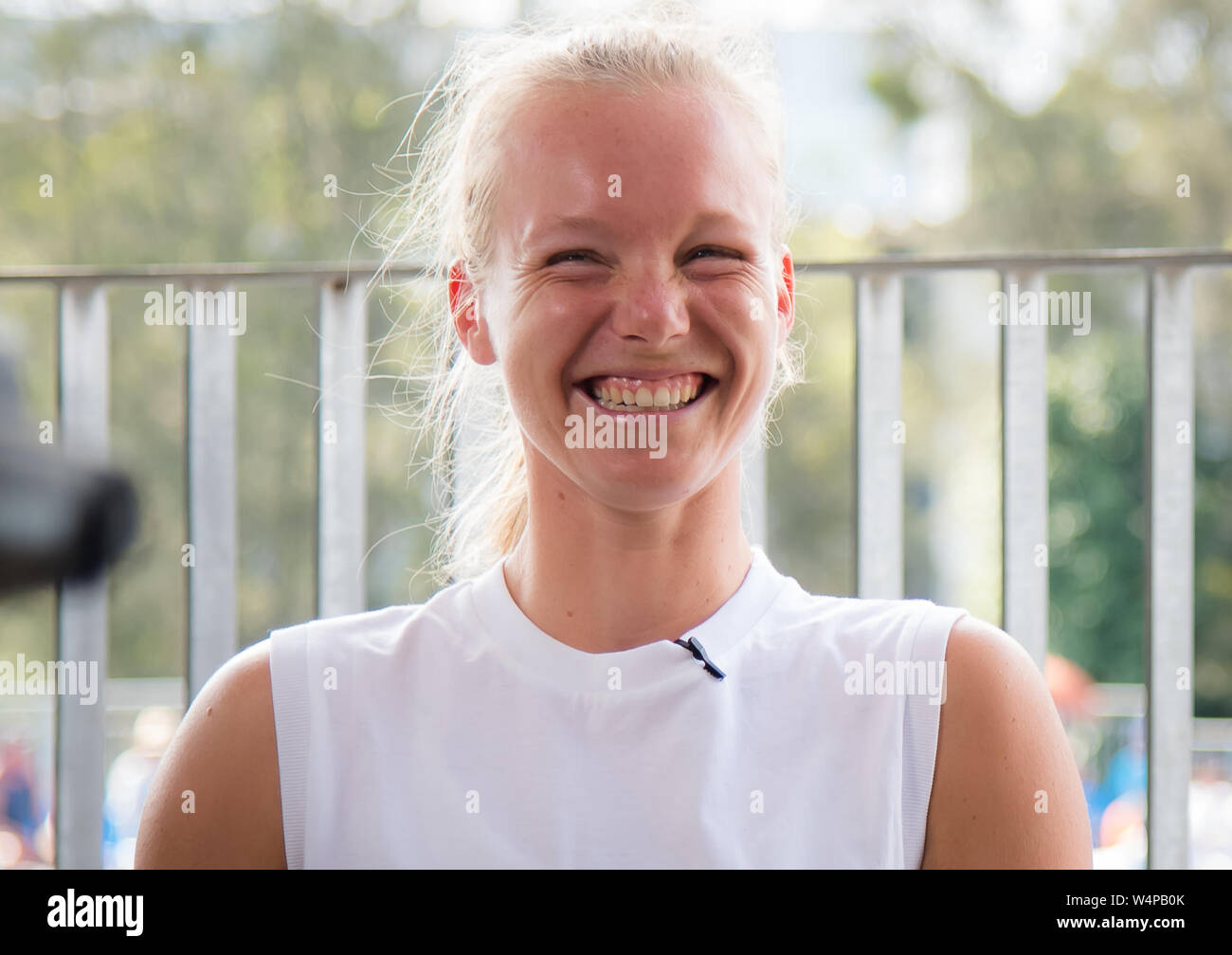 Kiki Bertens of the Netherlands interviews her coach Raemon Sluiter at