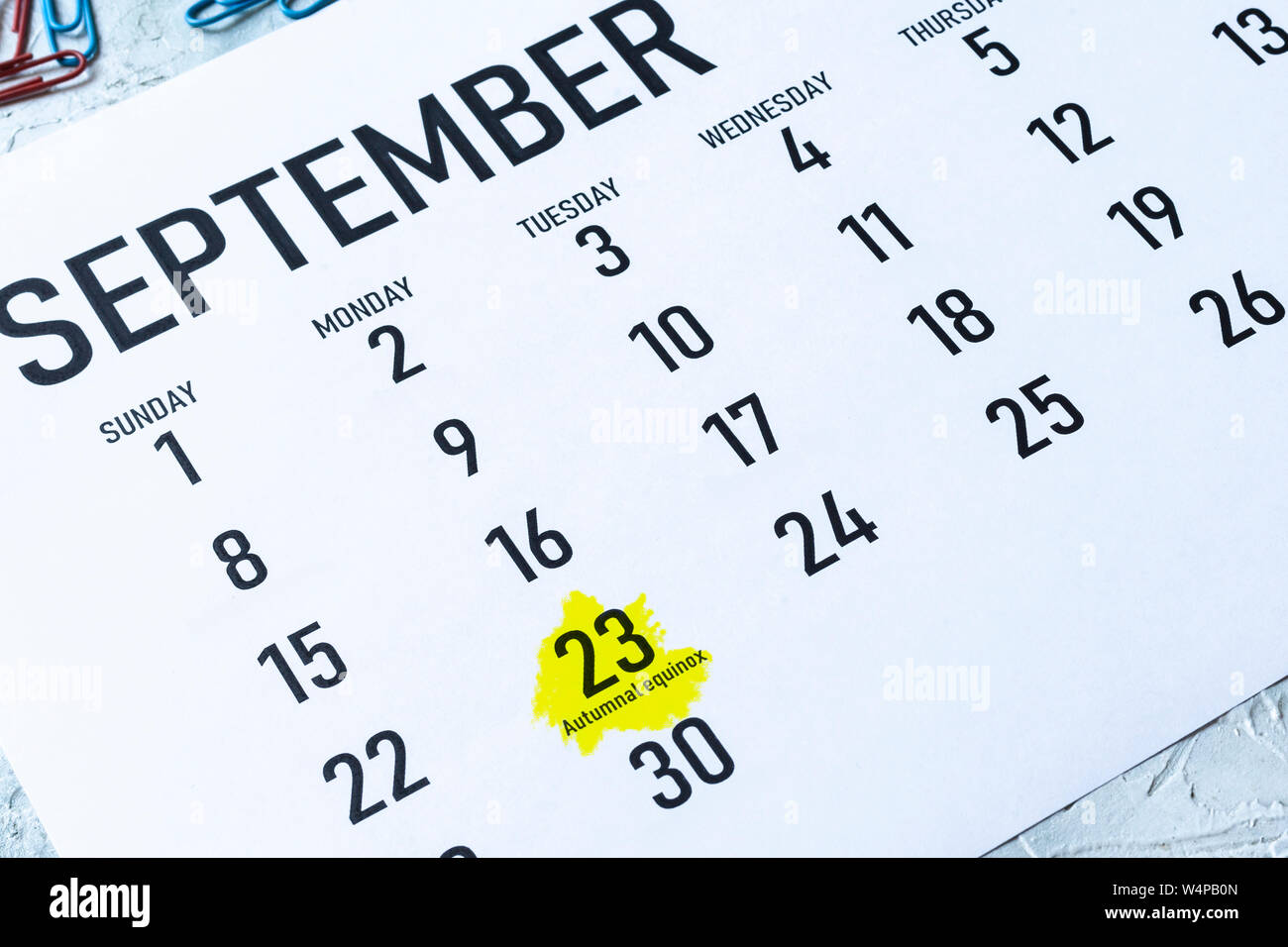 Autumnal equinox. September Equinox 2019. September 23th highlighted on the calendar Stock Photo