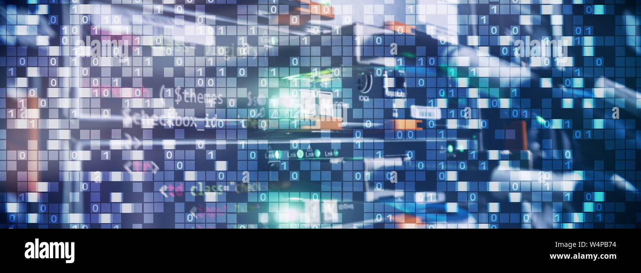 Binary code on datacenter background. Cyber space concept. UniqueTechnology Wallpaper Stock Photo
