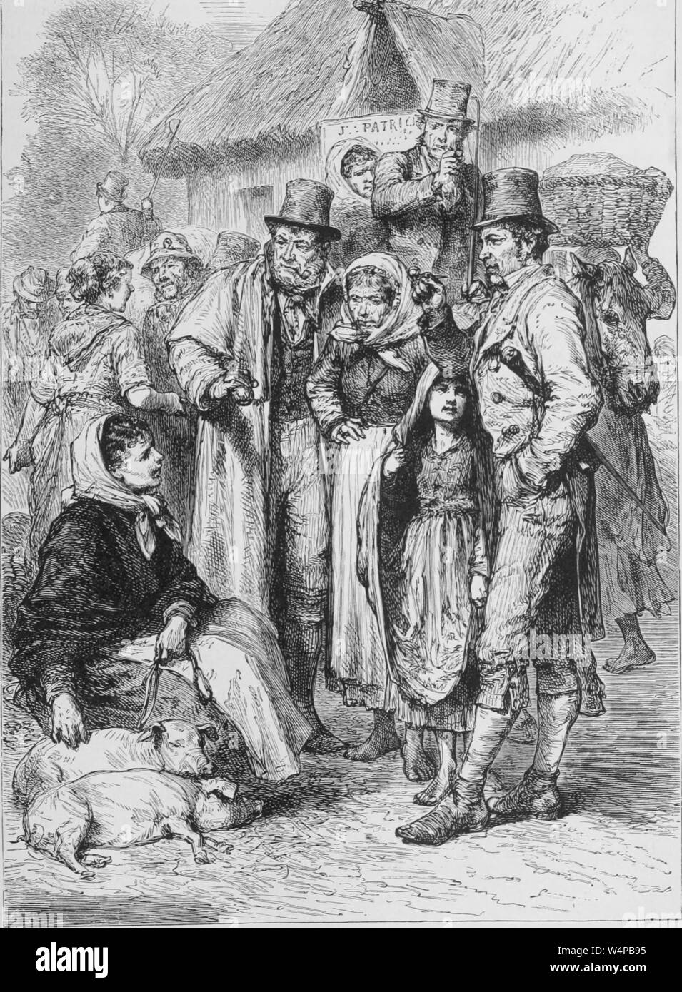 Engraving of the Irish peasants and landlords at the market, from the book 'The earth and its inhabitants' by Elisee Reclus, 1881. Courtesy Internet Archive. () Stock Photo