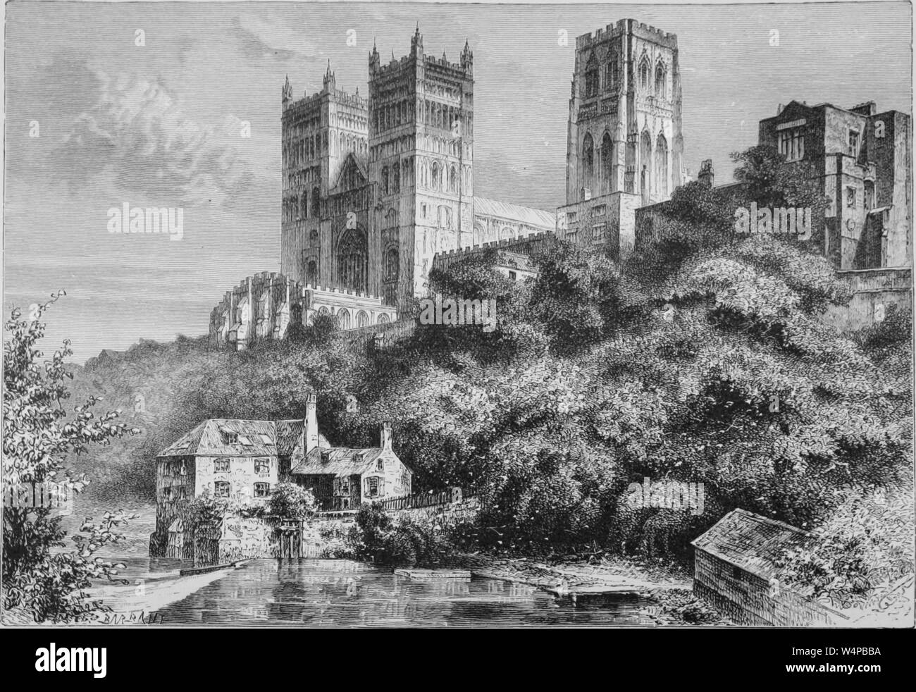 Engraving of the Durham Cathedral in County Durham, England, from the book 'The earth and its inhabitants' by Elisee Reclus, 1881. Courtesy Internet Archive. () Stock Photo