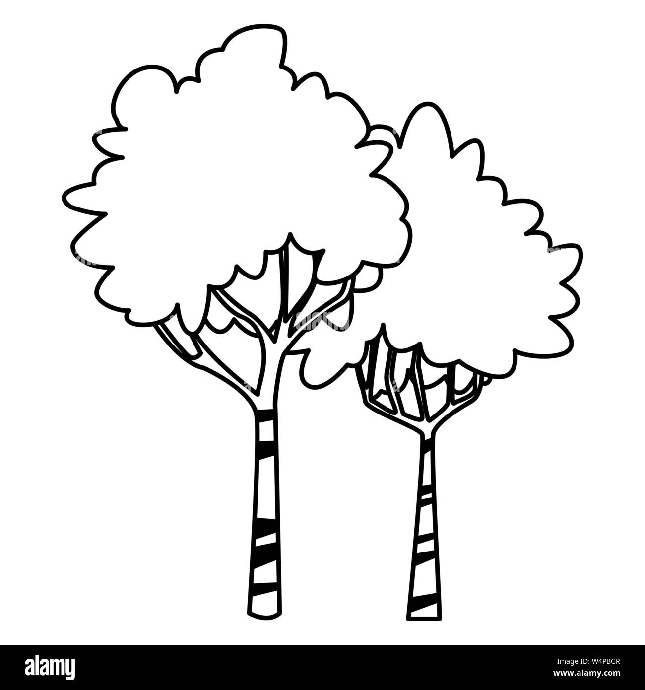 Nature trees with leaves isolated cartoon in black and white Stock Vector  Image & Art - Alamy