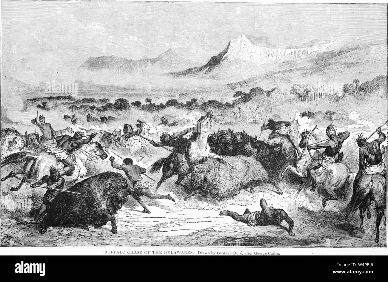 Engraved drawing of the Delaware Indians hunting Buffaloes, from the book 'Ridpath's Universal history' by John Clark Ridpath, 1897. Courtesy Internet Archive. () Stock Photo