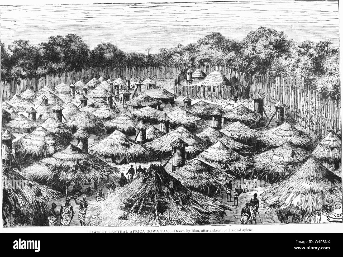 Engraved drawing of the Kiwanda, Town of Central Africa, from the book 'Ridpath's Universal history' by John Clark Ridpath, 1897. Courtesy Internet Archive. () Stock Photo