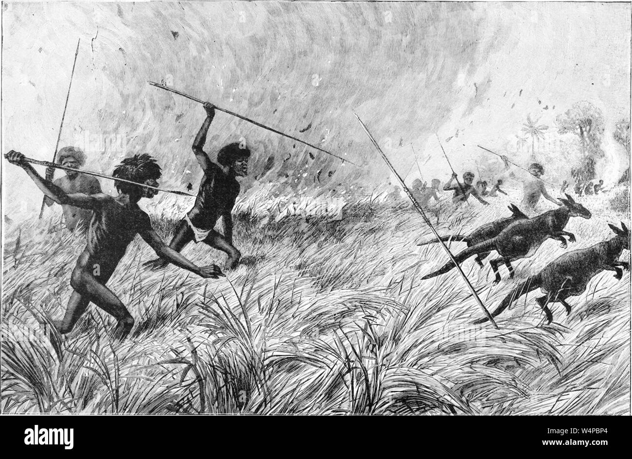 Engraved drawing of the Aboriginal Indians hunting kangaroos, from the book 'Ridpath's Universal history' by John Clark Ridpath, 1897. Courtesy Internet Archive. () Stock Photo