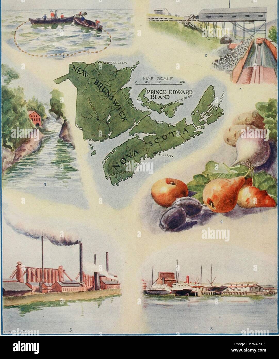 Engraved map of the New Brunswick, Nova Scotia, and Princ Edward Island; fishing scene, coal mining, falls and lumber mill, fruits and vegetables, iron and steel works, and Halifax international railway, from the book 'The American educator' by Ellsworth D. Foster and James Laughlin Hughes, 1919. Courtesy Internet Archive. () Stock Photo