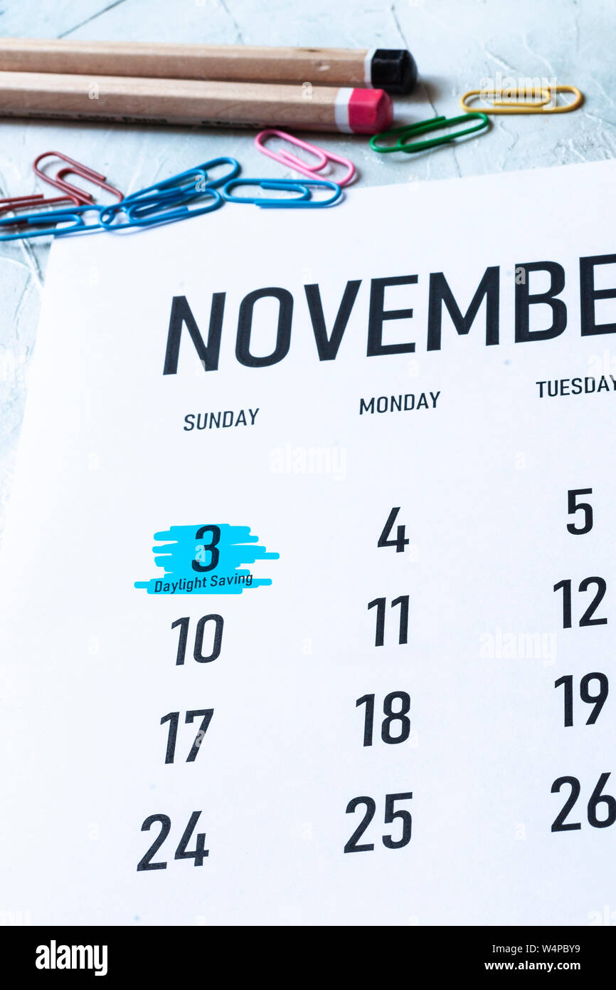 Daylight Saving Time, DST November 3 marked on Calendar Stock Photo