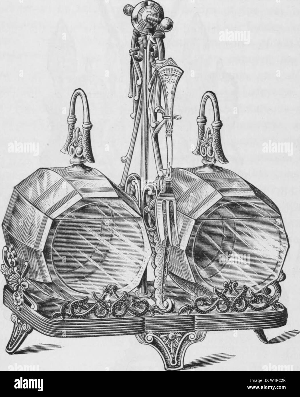 Engraved drawing of the glass decanters, from the book 'Industrial history of the United States' by Albert Sidney Bolles, 1878. Courtesy Internet Archive. () Stock Photo