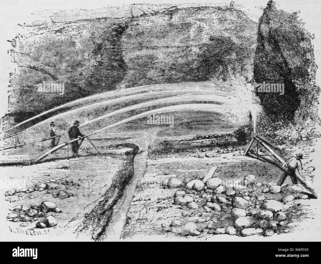 Miners Washing Engraving of the gold miners washing down a bank, from the book ...