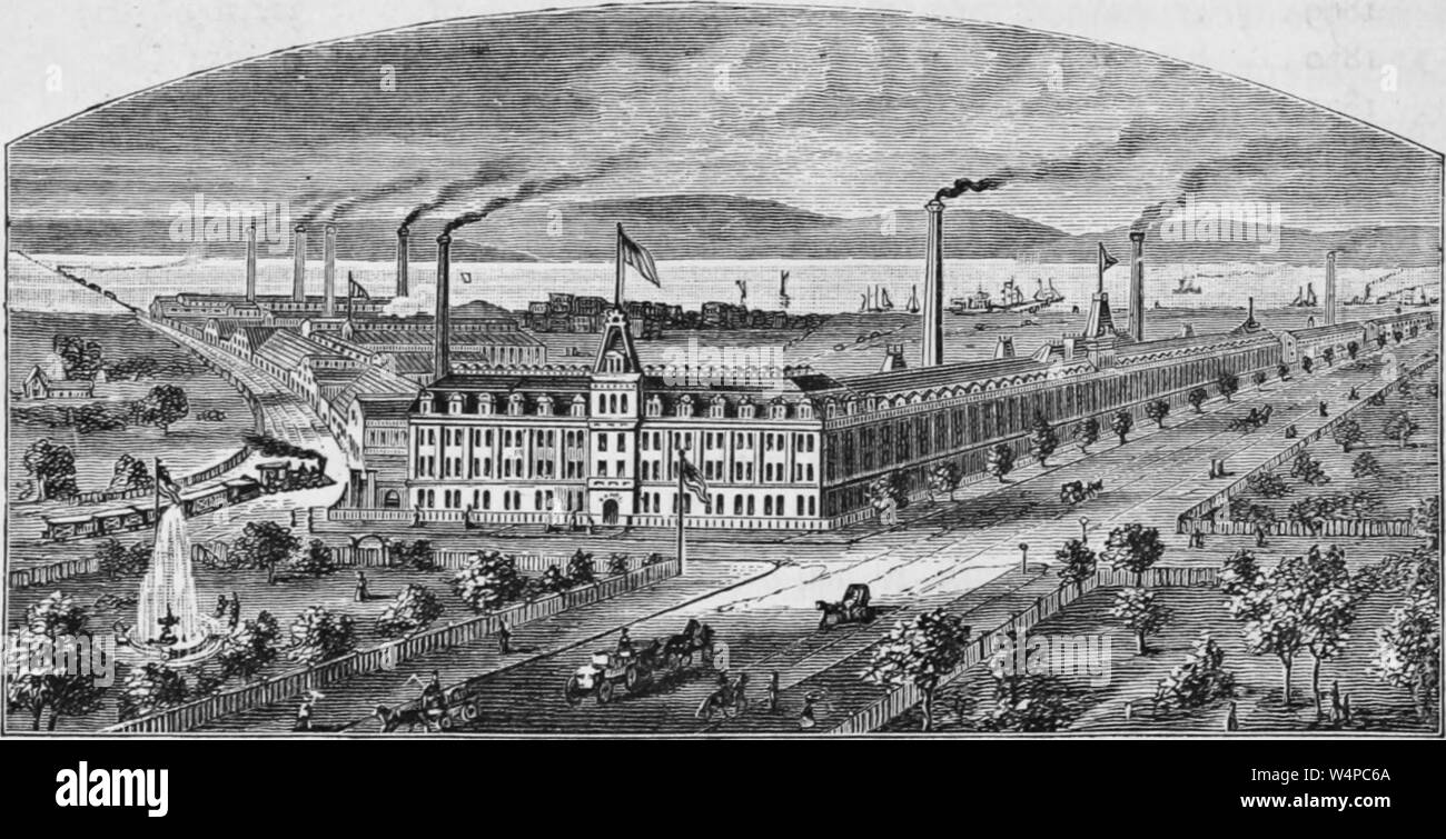 Engraving of the Singer Sewing Machine Company factory, Elizabethport, New Jersey, from the book 'Industrial history of the United States' by Albert Sidney Bolles, 1878. Courtesy Internet Archive. () Stock Photo