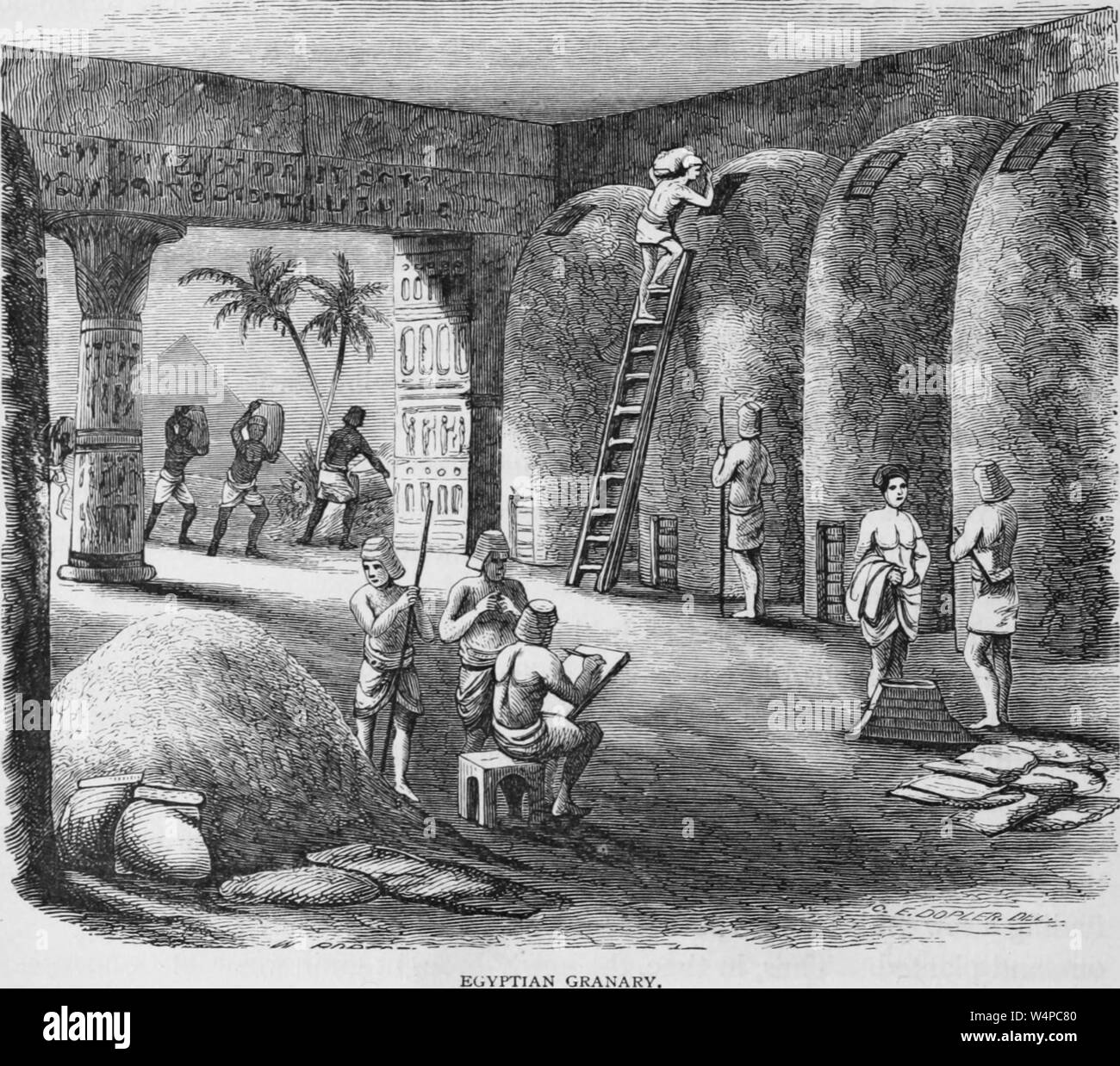 Engraving Of The Egyptian Workers Storing Food In The Granary From The