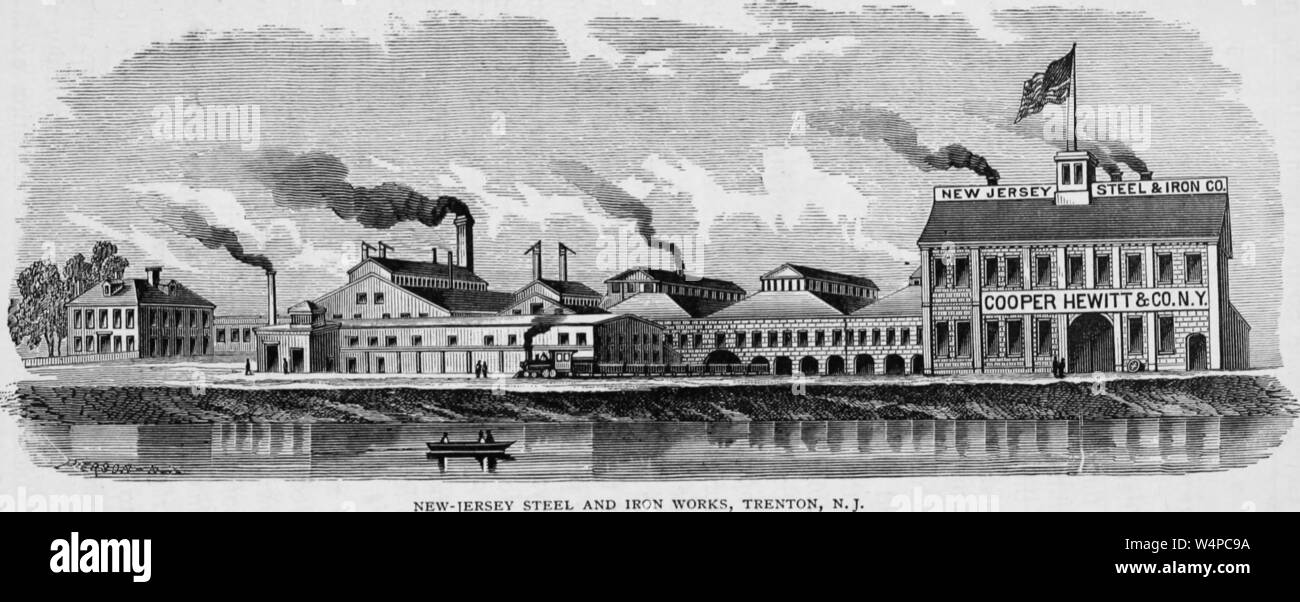 Engraving of the New Jersey Steel and Iron Works factory in Trenton, New Jersey, from the book 'Industrial history of the United States' by Albert Sidney Bolles, 1878. Courtesy Internet Archive. () Stock Photo