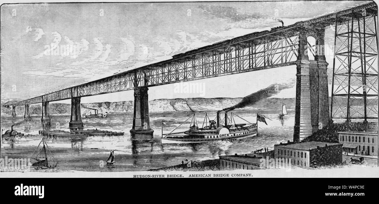 Engraving of the steamboats under the Hudson River bridge, from the book 'Industrial history of the United States' by Albert Sidney Bolles, 1878. Courtesy Internet Archive. () Stock Photo