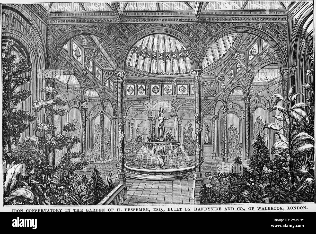 Engraving of the Iron Conservatory in the garden of Henry Bessemer, London, England, from the book 'The amateur's greenhouse and conservatory' by Shirley Hibberd, 1873. Courtesy Internet Archive. () Stock Photo