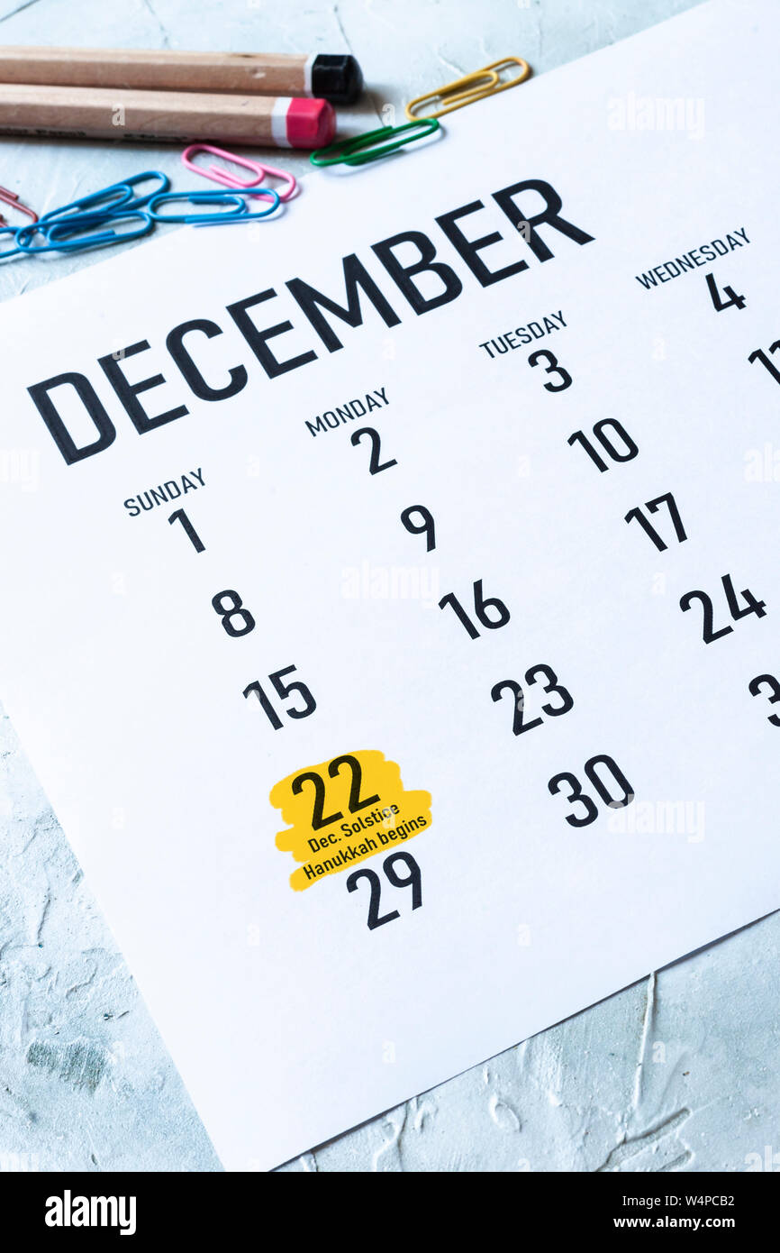 December solstice and Hanukkah beginning day - Monday, December 22 marked on December 2019 calendar Stock Photo