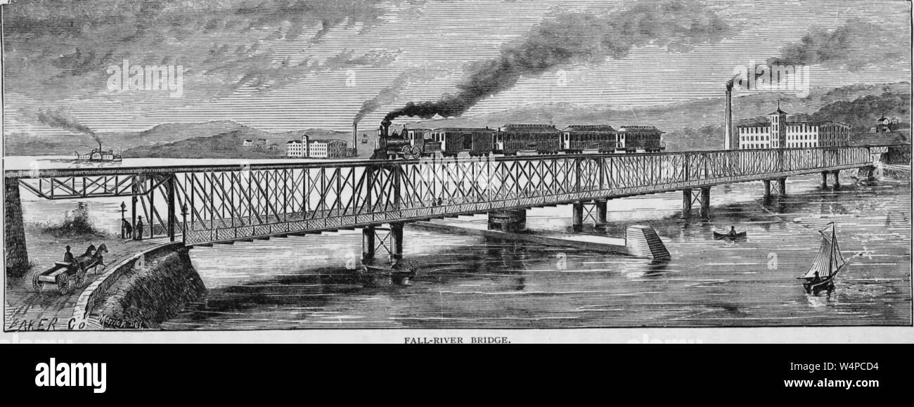 Engraving of the train crossing the Fall River bridge, from the book 'Industrial history of the United States' by Albert Sidney Bolles, 1878. Courtesy Internet Archive. () Stock Photo