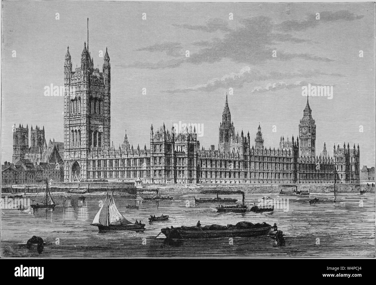 Engraving of the Palace of Westminster in London, England, viewed from