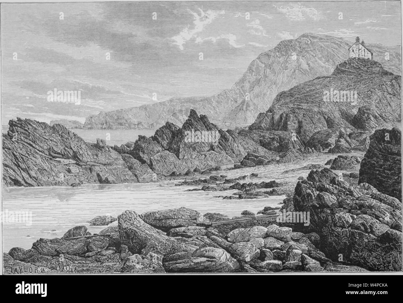 Engraving of the rocks at Ilfracombe, Devon, England, from the book 'The earth and its inhabitants' by Elisee Reclus, 1881. Courtesy Internet Archive. () Stock Photo