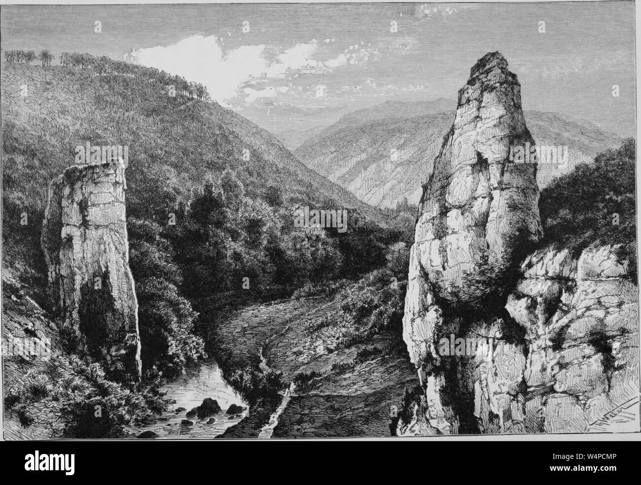 Engraving of the Ilam Rock, Dovedale, England, from the book 'The earth and its inhabitants' by Elisee Reclus, 1881. Courtesy Internet Archive. () Stock Photo