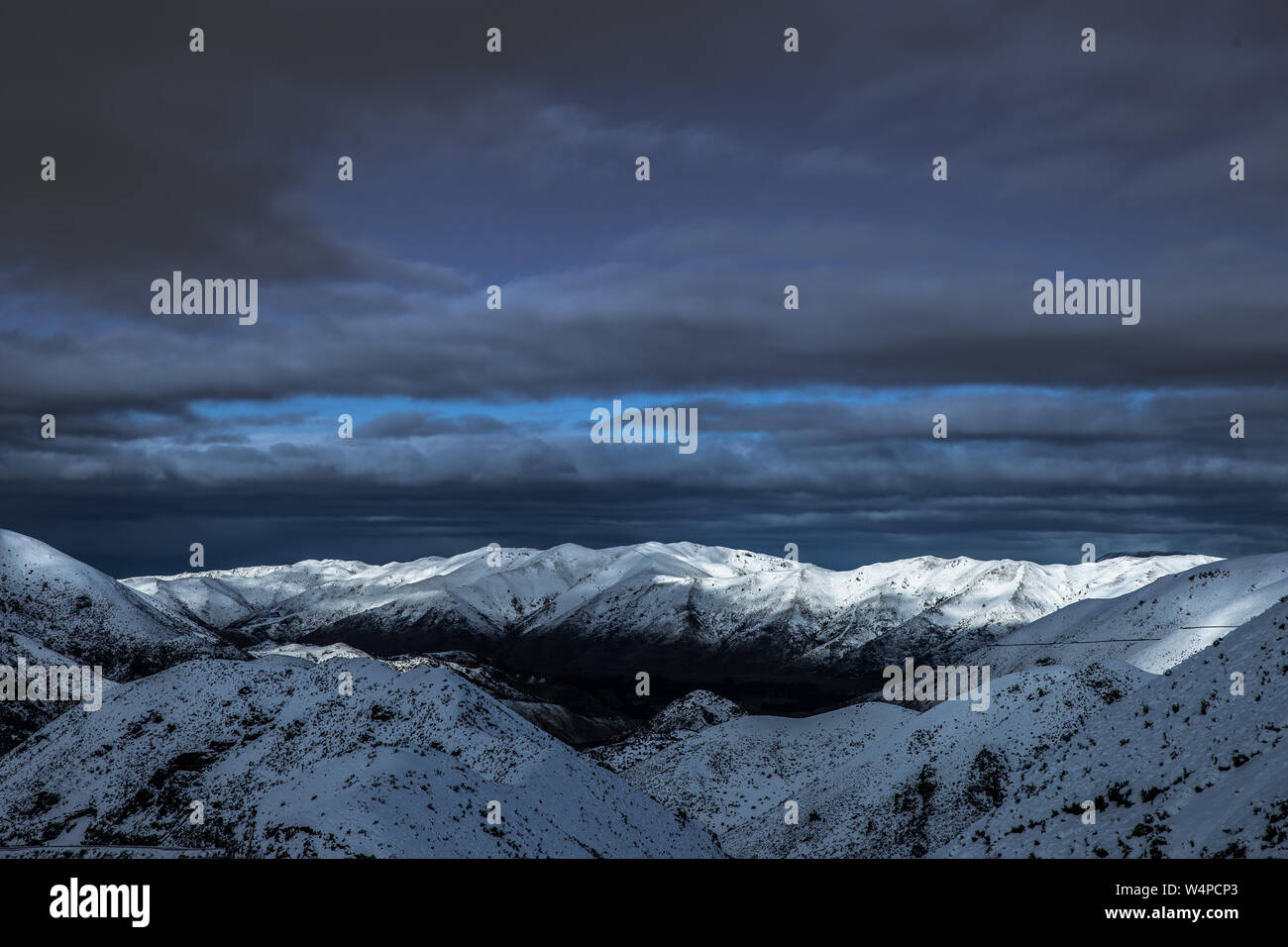 Mountain Snow Winter Landscape, High Altitude Alpine Peaks, New Zealand Landscape Stock Photo