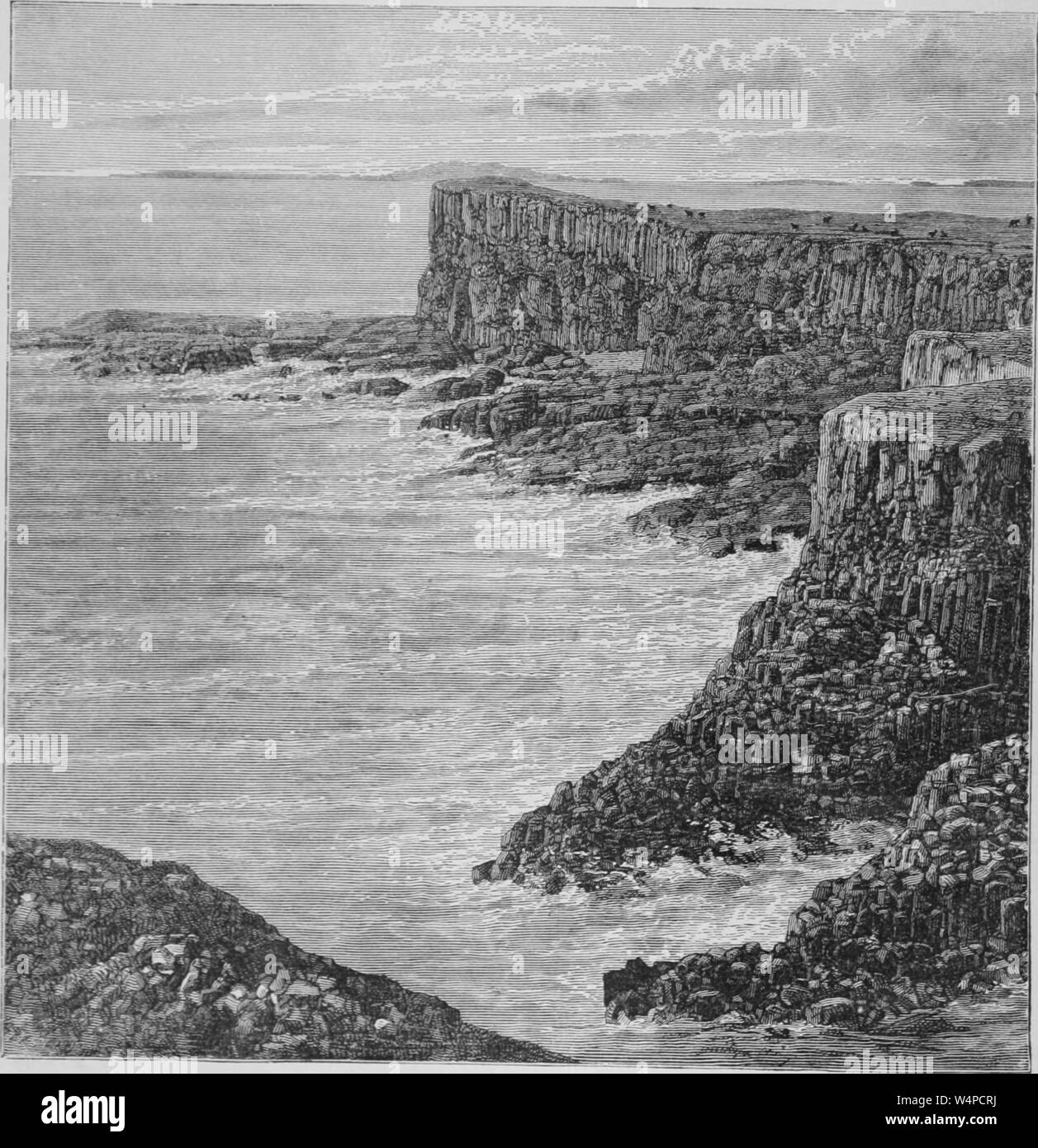 Engraving of the Hebrides Island's cliffs, Scotland, from the book 'The earth and its inhabitants' by Elisee Reclus, 1881. Courtesy Internet Archive. () Stock Photo