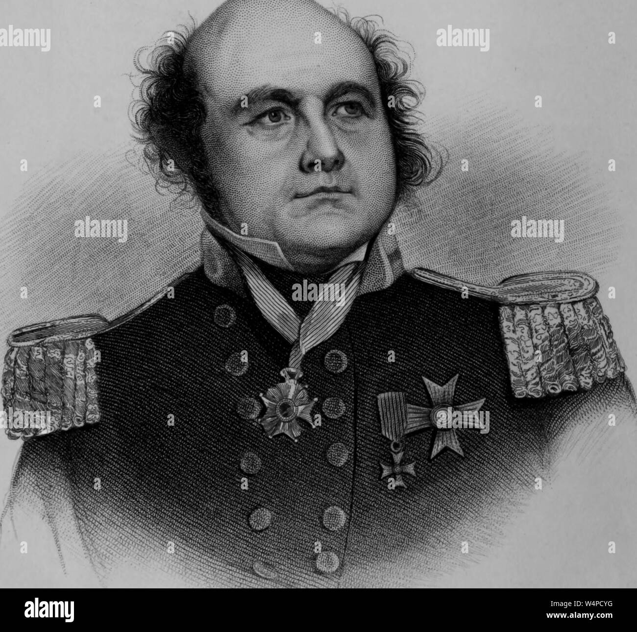 Engraved portrait of Rear Admiral Sir John Franklin, the British Royal Navy officer, and explorer of the Arctic, from the book 'The frozen zone and its explorers' by Alexander Hyde and Abraham Chittenden Baldwin, 1874. Courtesy Internet Archive. () Stock Photo