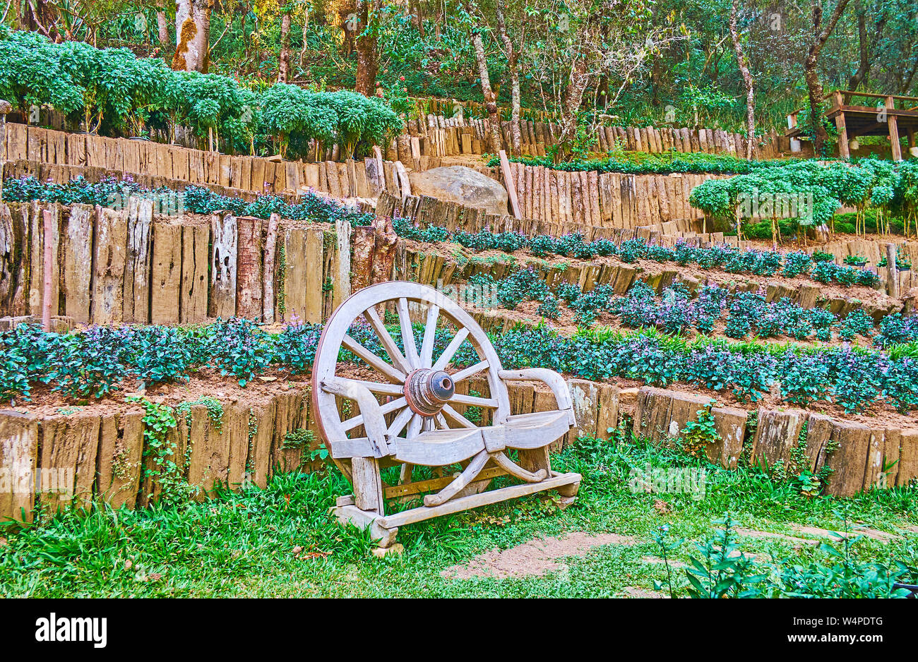 The Small Decorative Wooden Bench Of Wagon Wheel On The Doi Chang