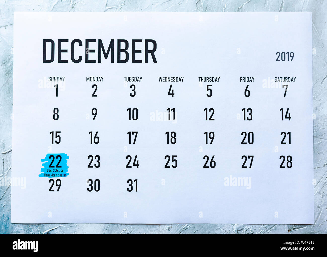 December Solstice And Hanukkah Beginning Day Monday December 22 Marked On December 19 Calendar Stock Photo Alamy