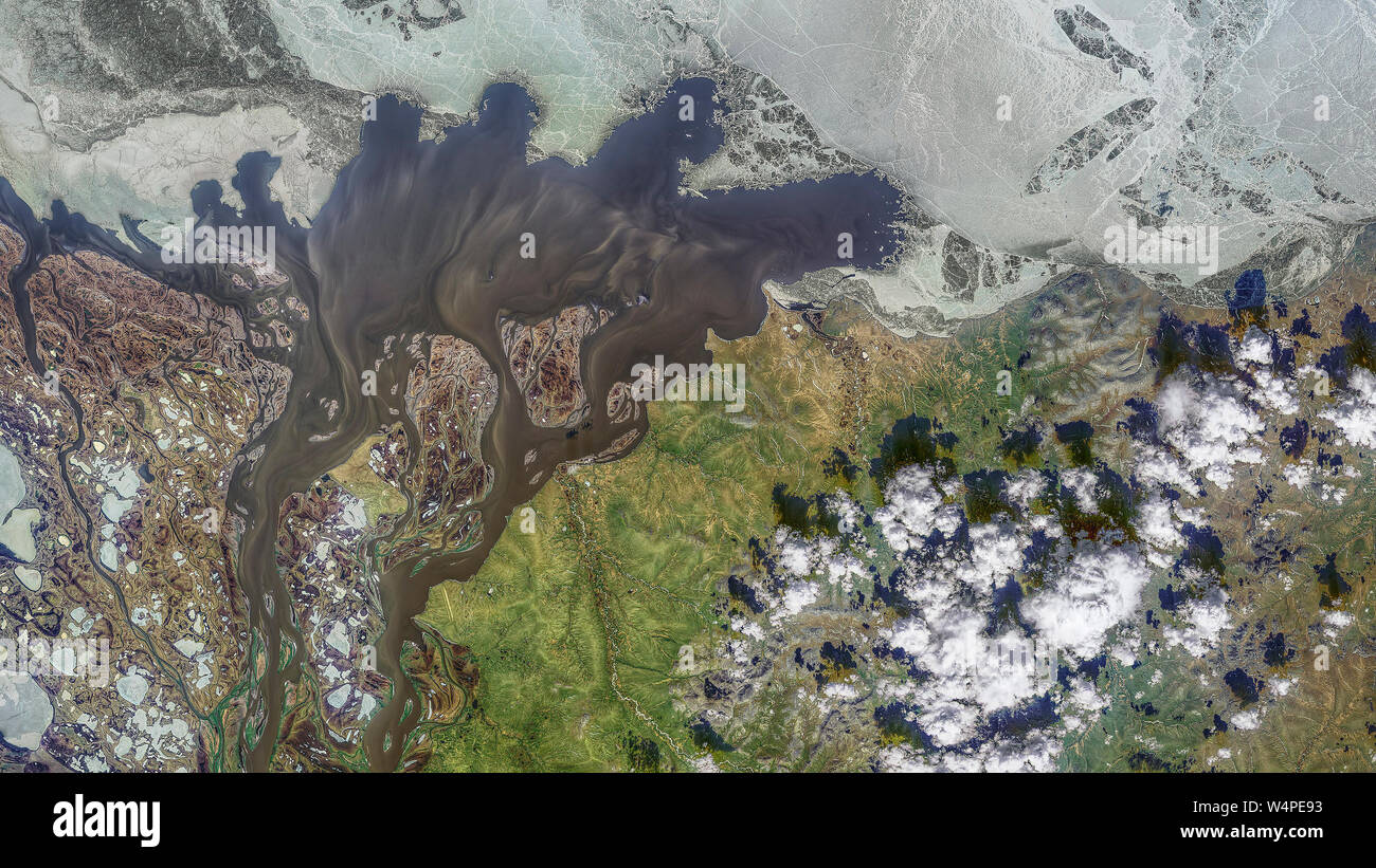 Aerial of the Kolyma River delta in the Russian Arctic Stock Photo