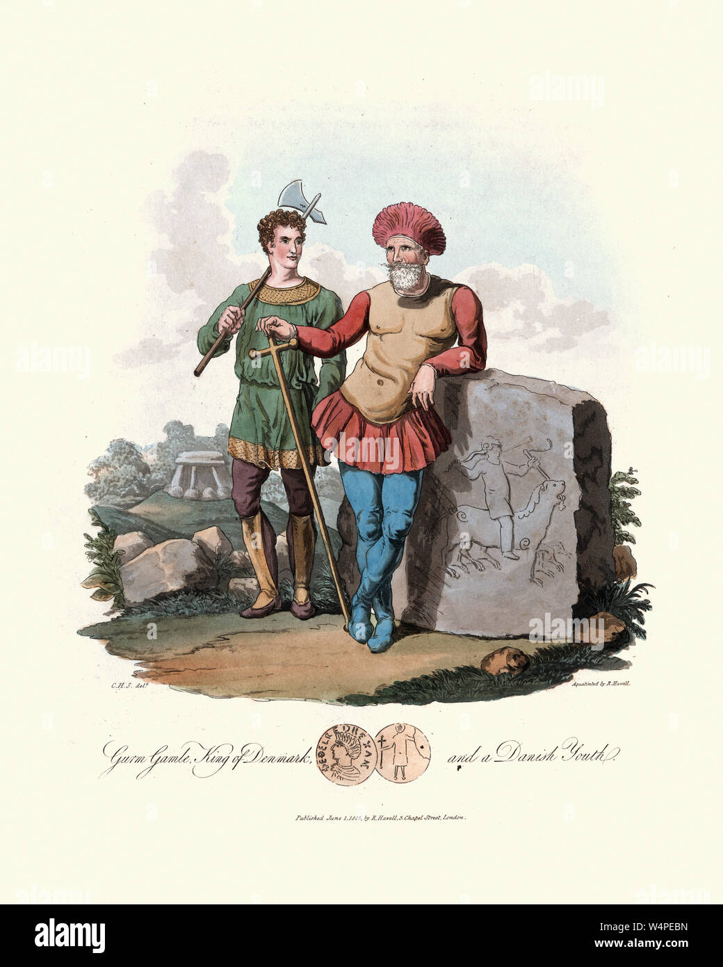 Vintage engraving of Costumes of Gurm Gamle (Gorm the Old), King of Denmark, and a Danish Youth