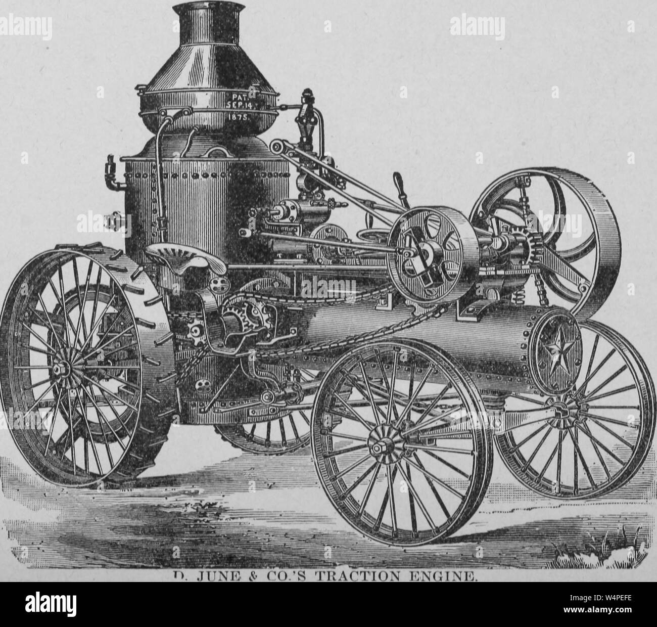Engraving of the D. June and Co.'s steam traction engine, from the book 'Farm engines and how to run them' by James H. Stephenson, 1910. Courtesy Internet Archive. () Stock Photo